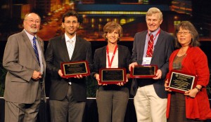 American Society for Engineering Education president Ken Galloway (at far left) present  the award for best research paper in the Journal of Engineering Education to co-authors (left to right) Muhsin Meneske, Glenda Stump, Stephen Krause and Michilene Chi.  