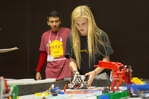 Student teams learn some of the basics of engineering, science and math by designing, building and programming small robots made from LEGO MINDSTORMS kits to compete in Arizona FIRST LEGO League tournaments. Photographer: Jessica Hochreiter/ASU.