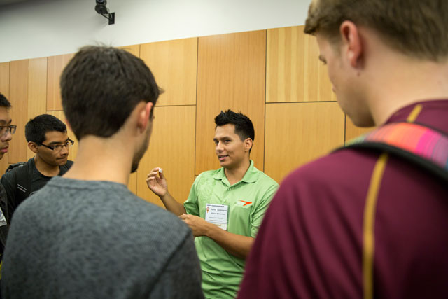 Daniel Dominguez, a process engineer at W. L. Gore & Associates, interacted with Gore as an ASU mechanical engineering student through an internship and scholarship support — now he pays it forward by representing Gore at recruiting events on ASU’s Tempe campus. Photographer: Jessica Hochreiter/ASU