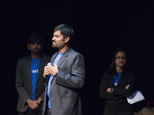 Yashwanth Kumar, a Fulton Schools alumnus, presents Unicorn, a medical device that delivers chest compressions to patients in cardiac arrest at the Spark Tank Live Pitch event, Feb. 4, 2016. Kumar presented the device on behalf of his team, Sential, which includes Fulton Schools alumnus Ranjani Sampath Kumaran and engineering graduate student Sanchit Chirana. Photographer: Pete Zrioka/ASU