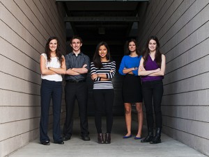 The Engineering Smiles team, left to right: Sara Mantlik, Nick Kemme, Christine Bui, Jackie Janssen and Fionnuala McPeake. Not pictured: Andrea Kemmerrer. For nearly three years the team has worked to design, build and deliver a mobile dental clinic to aid the non-profit organization IMAHelps on their missions to Central and South America. Photographer: Jessica Hochreiter/ASU