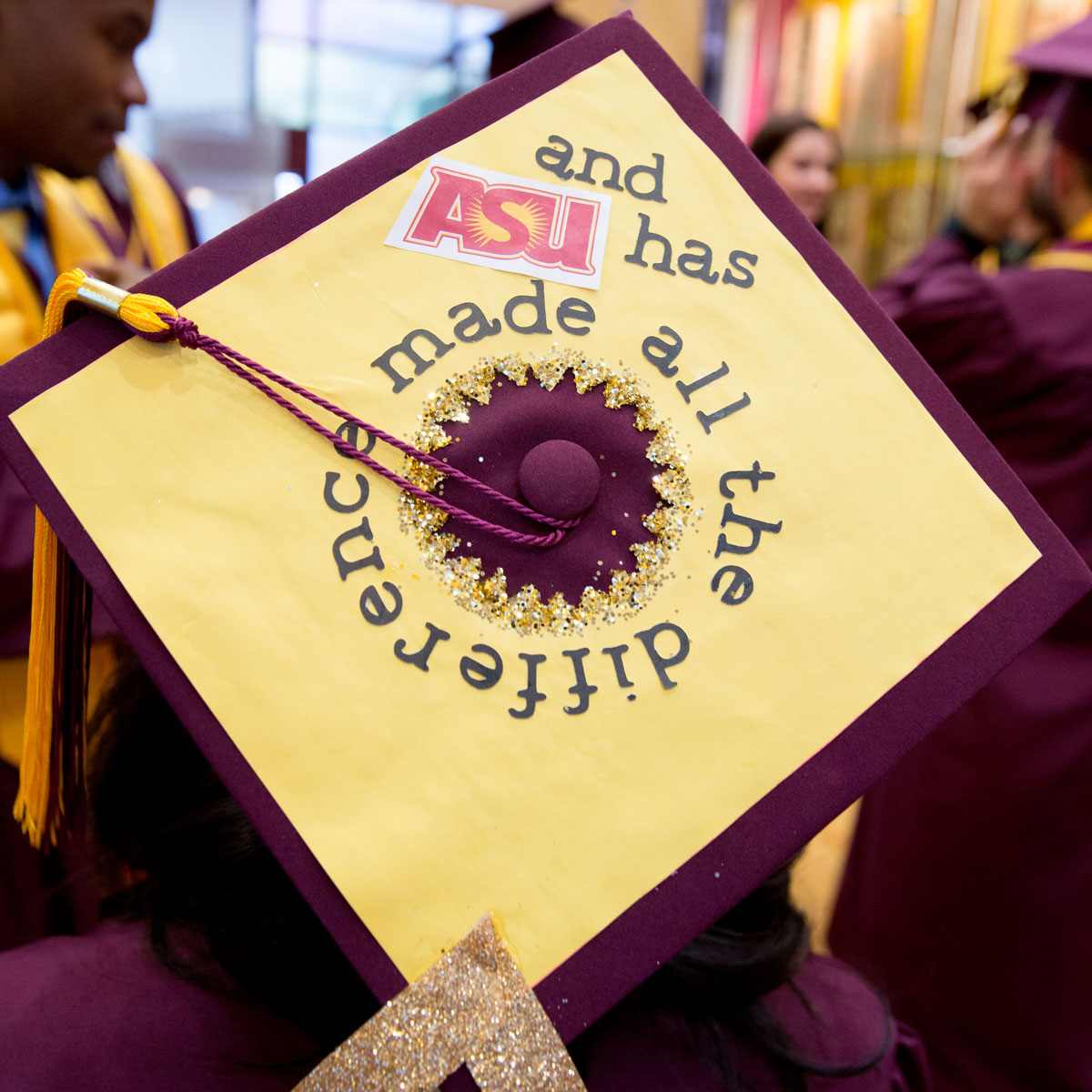 A graduate's mortarboard decoration speaks of their appreciation for ASU's dedication to students. This semester, the mechanical engineering faculty went above and beyond to help students prepare for the FE exam.