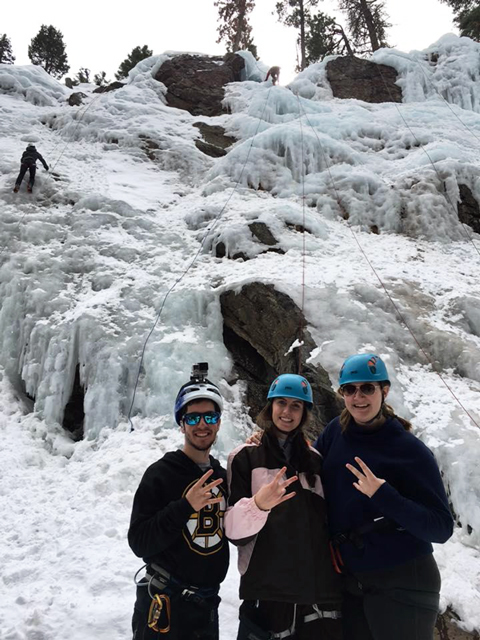 Biomedical engineering juniors Shawn Womack, Rene Reynolds and Shelby Martin (from left to right) show Sun Devil pride as volunteers at an ice climbing event hosted by Paradox Sports in Ouray, Colorado. Their experience will be the basis and inspiration for their upcoming senior year capstone project. Photo courtesy of Stephen Helms Tillery