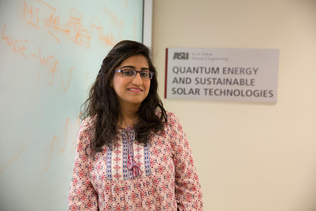 Warda Mushtaq conducted research in Assistant Professor Zachary Holman’s lab on advanced generation photovoltaics. Her research aspires to help solve Pakistan’s energy crisis with increasingly affordable solar power alternatives to fossil fuels. Photographer: Nick Narducci/ASU
