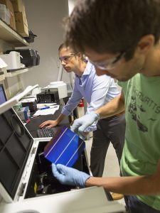 Postdoctoral researcher Mathieu Boccard, front, and electrical engineering Assistant Professor Zach Holman work on solar cells in Holman's lab. Photographer: Jessica Hochreiter/ASU