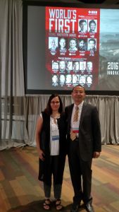 Lina Karam, an ASU electrical engineer and Chair of the IEEE ICIP Conference, and Haohong Wang, TCL Research America general manager and conference innovation chair, prepare to introduce keynote speakers during the Visual Innovation Program. 