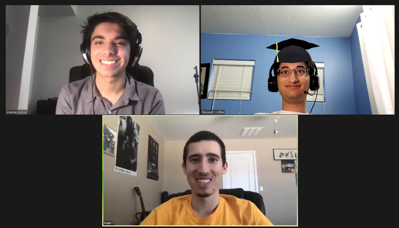 screen capture of three students during a video conference call