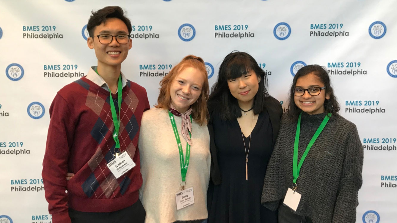 Grand Challenges Scholar Esther Sim (second from right) poses with her teammates at the Biomedical Engineering Society Medtronic Design Competition.